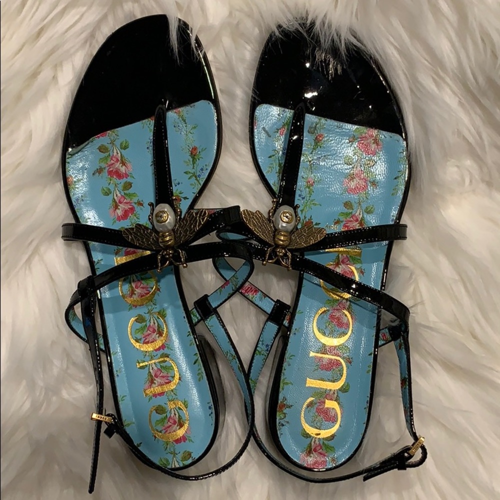 Gucci Patent Leather Bee Sandals